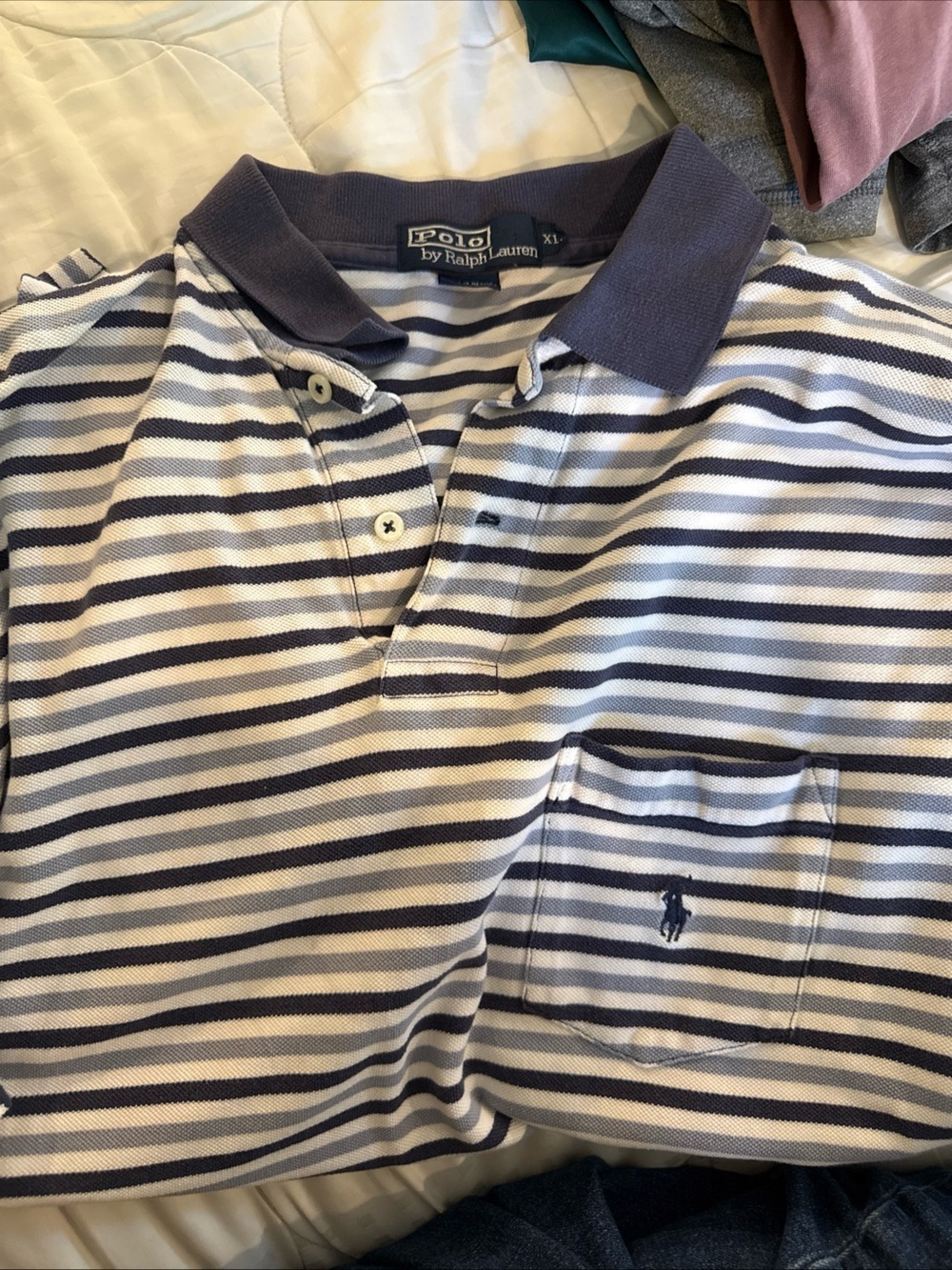 Polo Ralph Lauren Striped Navy and White Polo Shirt with Pocket & Pony XL - Picture 2 of 3